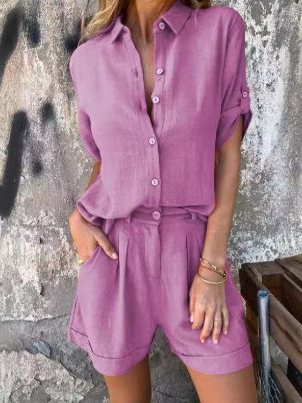 European And American Mid-sleeve Cotton Linen Lapel Shirt Outfit