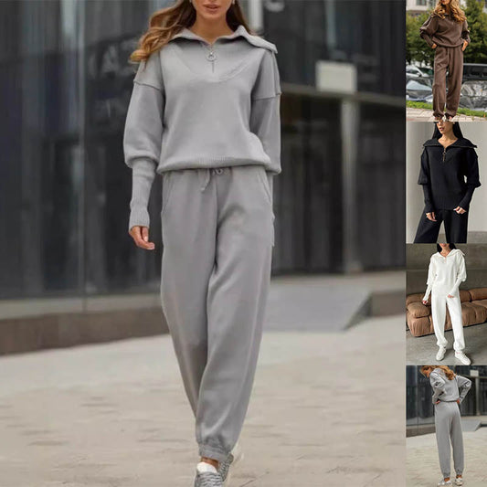 Women’s Long Sleeve Zipper Lapel Top & Drawstring Trousers – Fashionable Casual Sports Suit