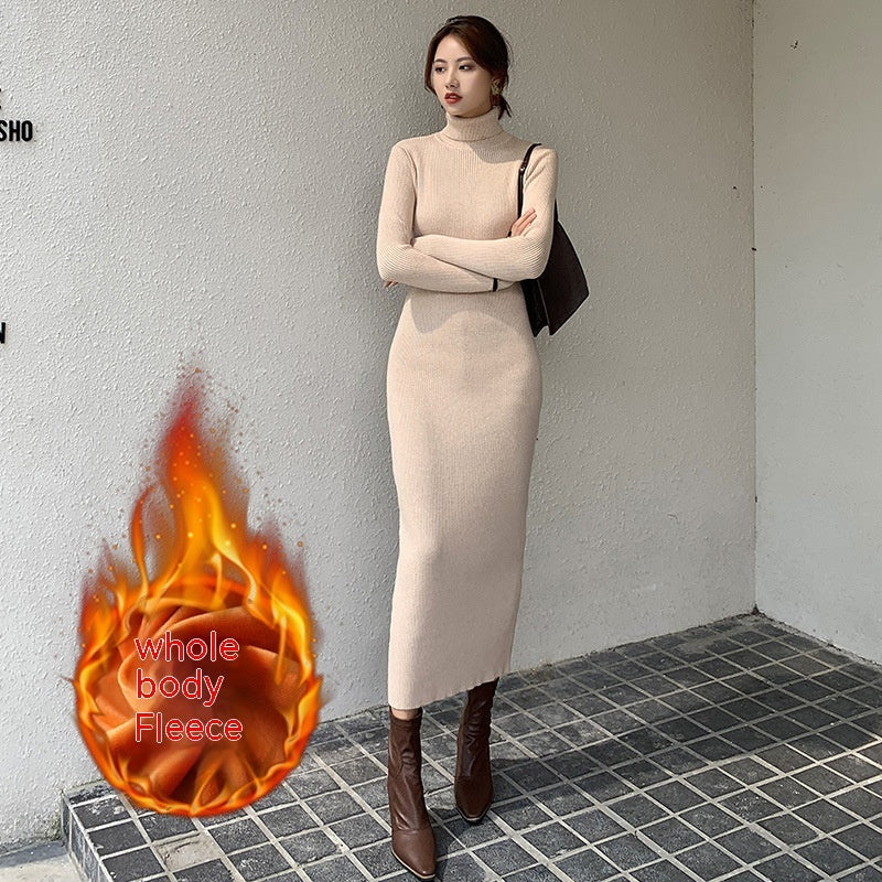 Women's Fleece-Lined Turtleneck Long Slim Dress – Cozy and Stylish Winter Dress - ComfyNude