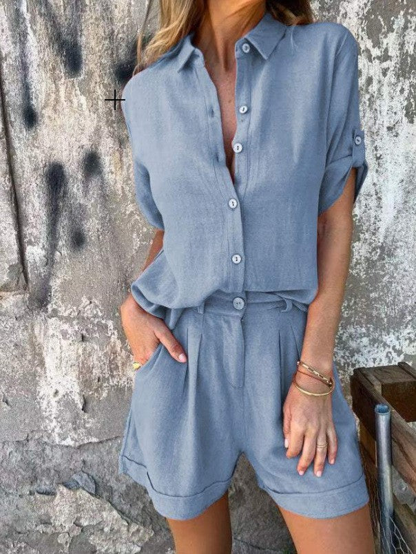 European And American Mid-sleeve Cotton Linen Lapel Shirt Outfit
