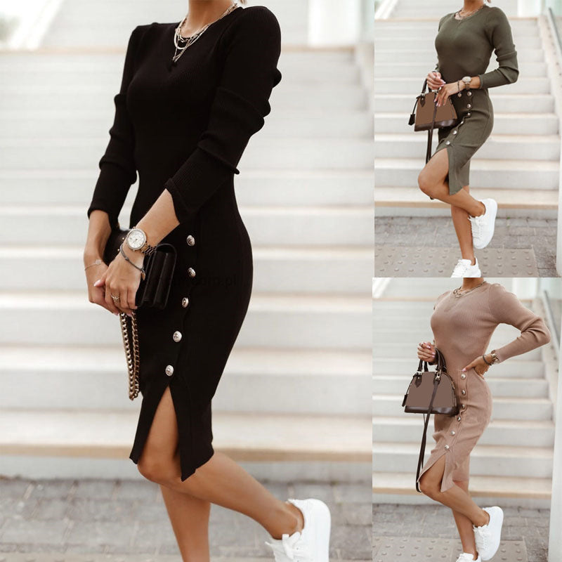 Split Button Knit Dress – Casual Chic with a Stylish Touch - ComfyNude