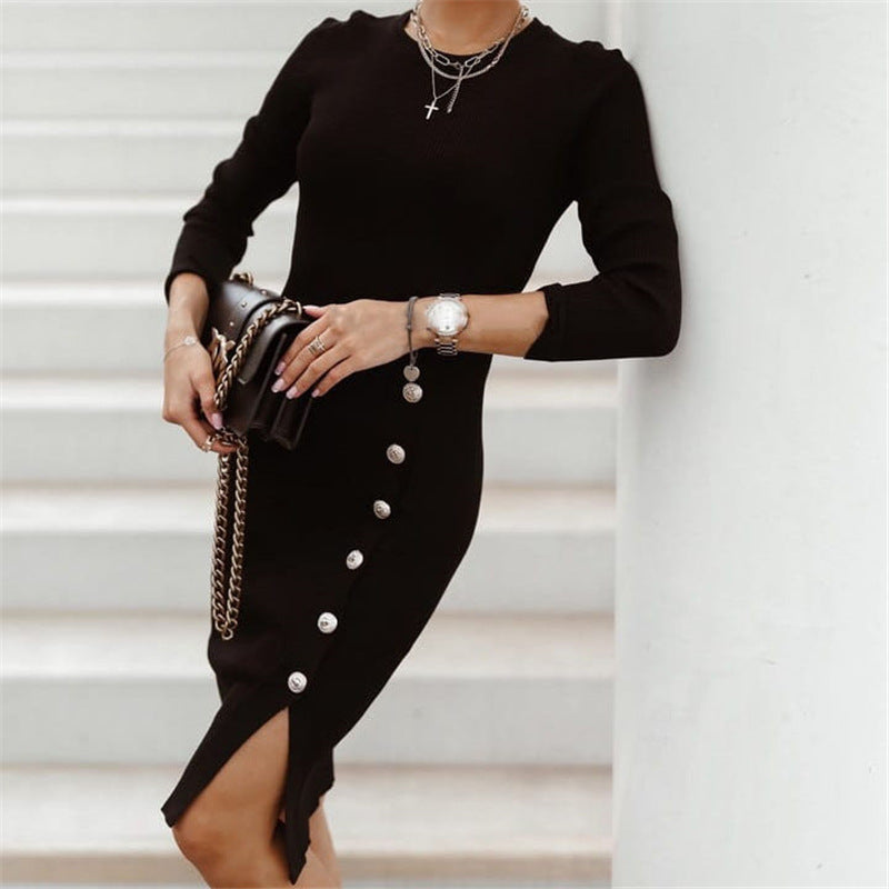 Split Button Knit Dress – Casual Chic with a Stylish Touch - ComfyNude