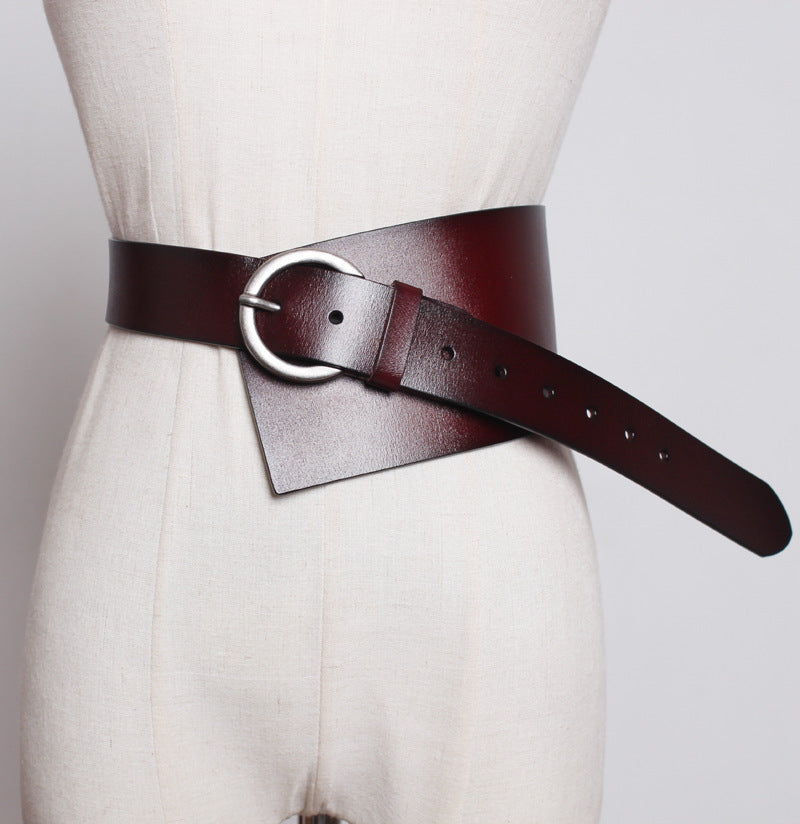 Women's Genuine Leather Wide Belt with Skirt - Two-Layer Cowhide - ComfyNude