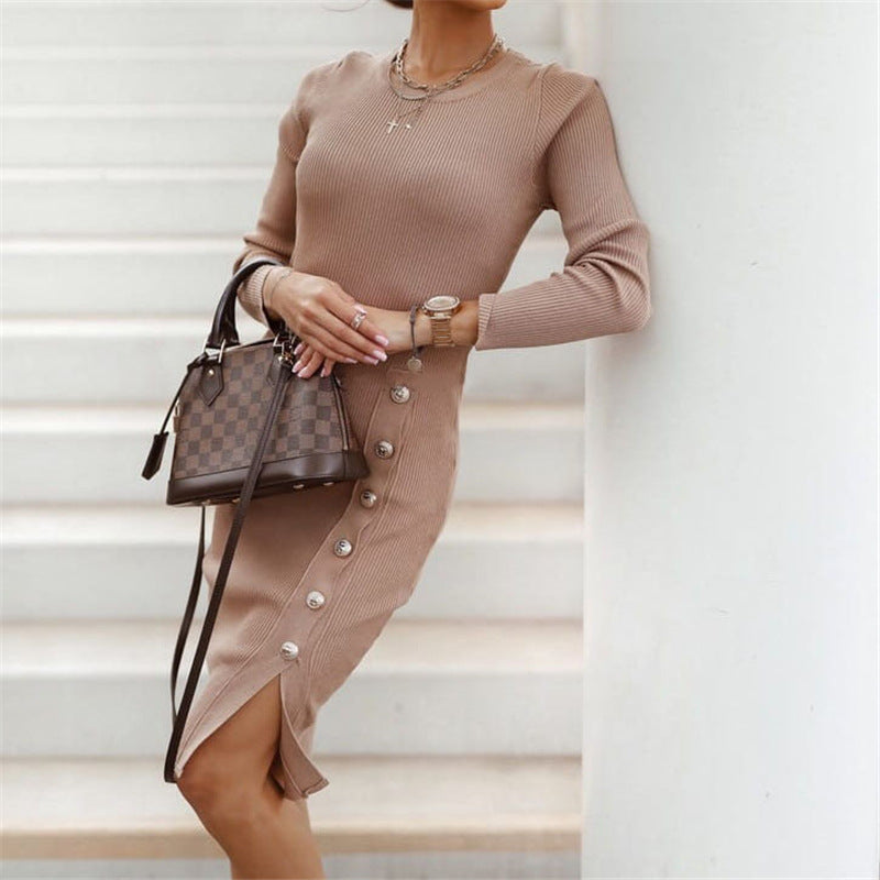 Split Button Knit Dress – Casual Chic with a Stylish Touch - ComfyNude