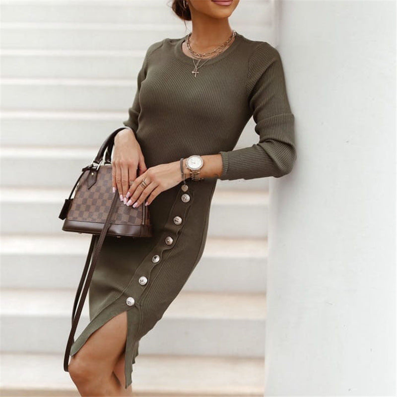 Split Button Knit Dress – Casual Chic with a Stylish Touch - ComfyNude