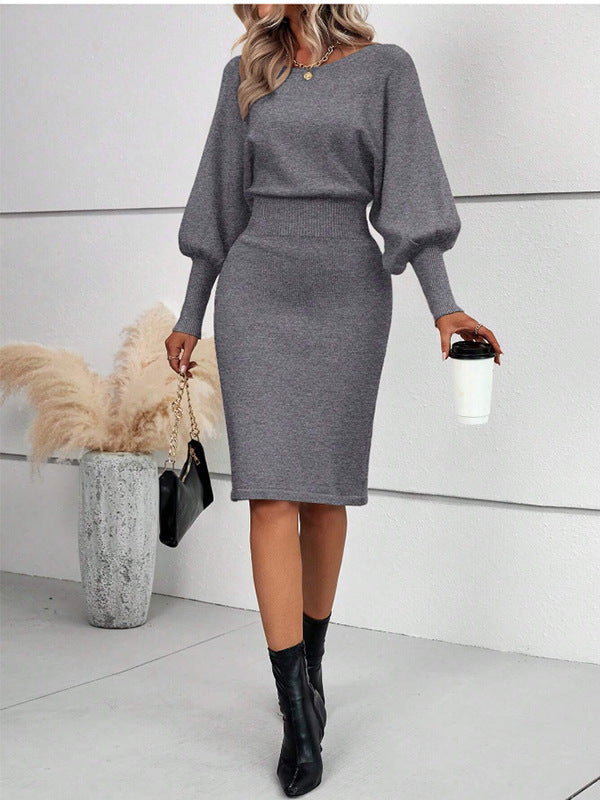 Slim Fit Long Sleeve Dress - Elegant Solid Color Pullover Dress for Women - ComfyNude